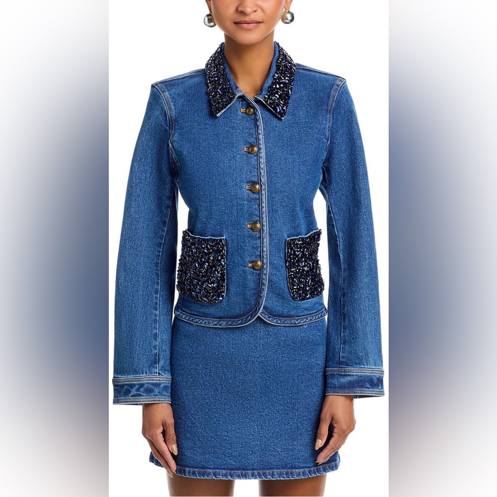 Cinq a Sept Rhinestone Denim Amara Jacket in Sapphire
